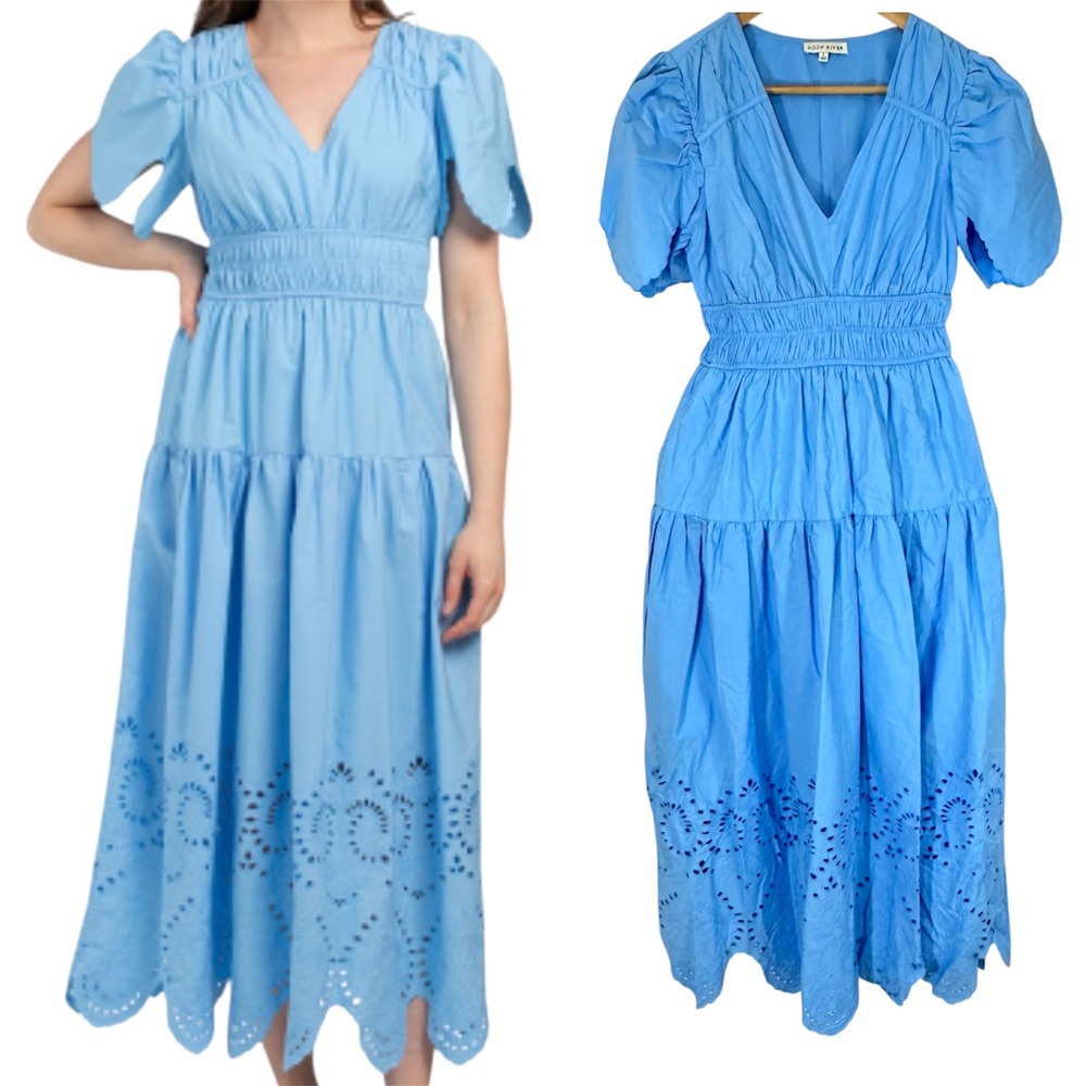 New Moon River‎ Women's Blue Embroidered Maxi Eyelet Puff Sleeve Dress Size S